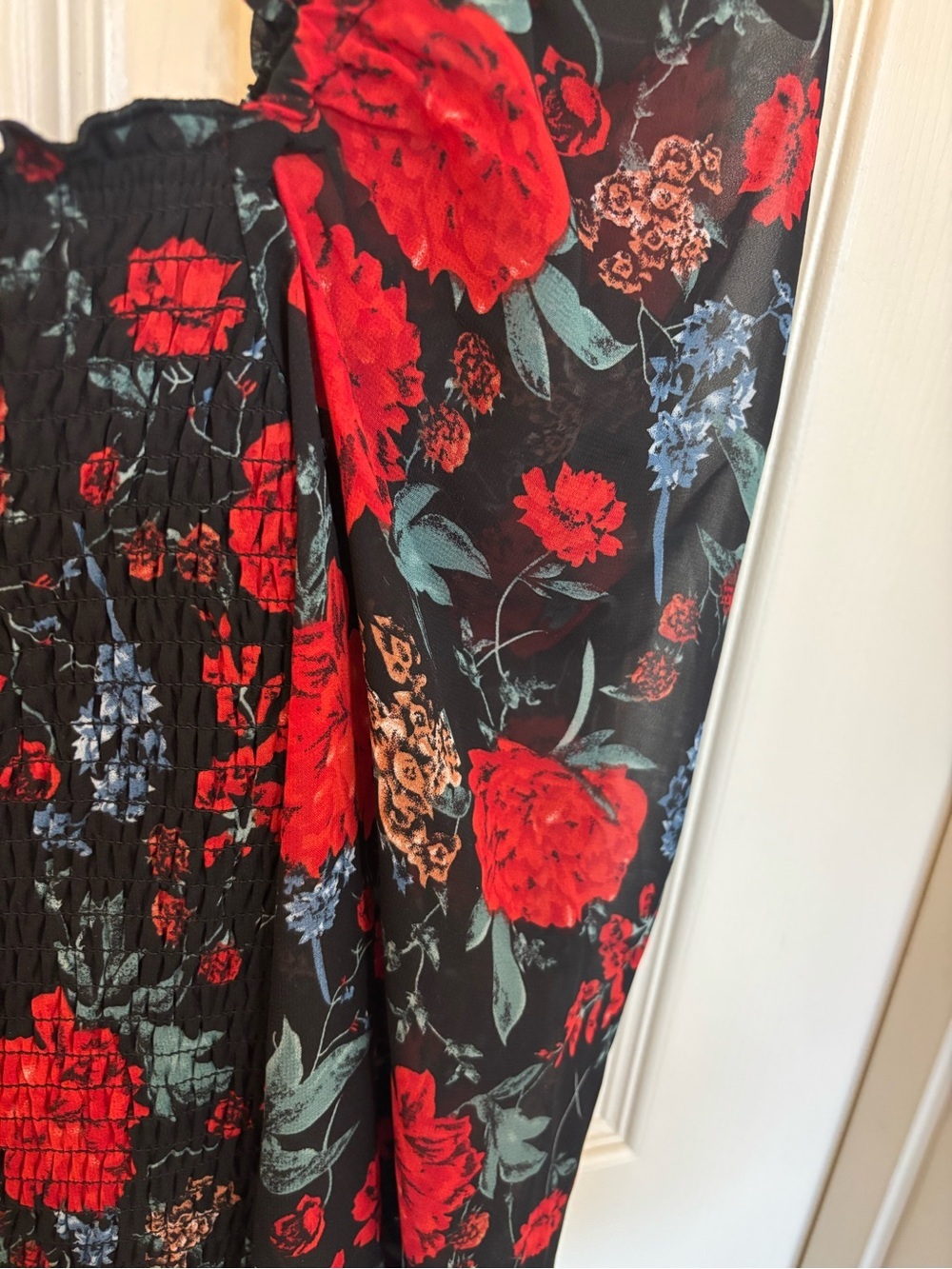 JAUS Black Red Floral Smocked Midi Dress Puff Sleeve Bodycon cocktail semi forma - Picture 8 of 10